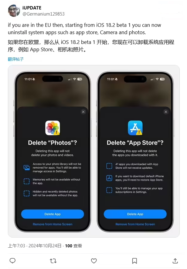 崇左苹果手机维修分享iOS 18.2 支持删除 App Store 应用商店 