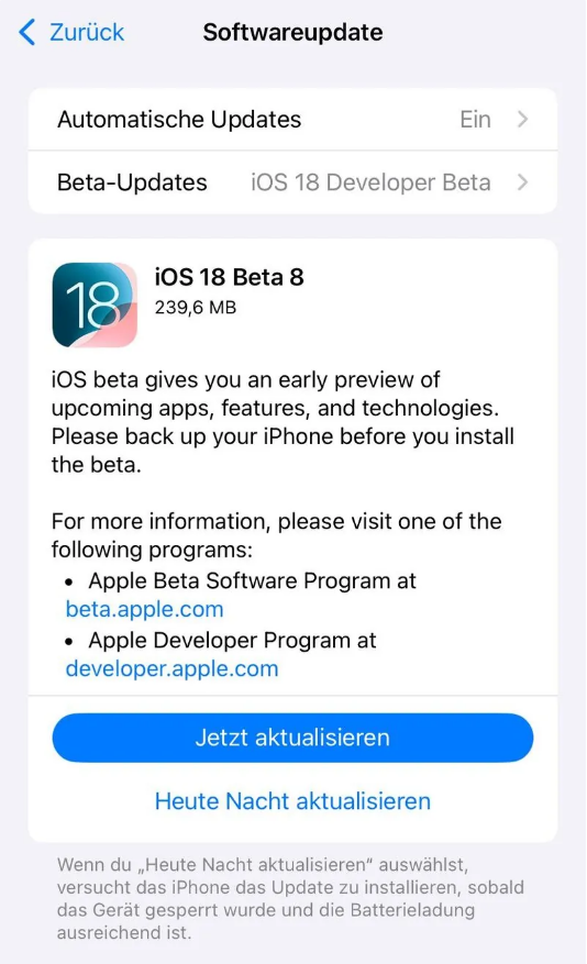 崇左苹果手机维修分享苹果 iOS / iPadOS 18 开发者预览版 Beta 8 发布 